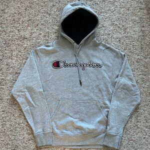 Champion Chenille Script Logo Hoodie Mens M Gray Black Lined Hood Pullover